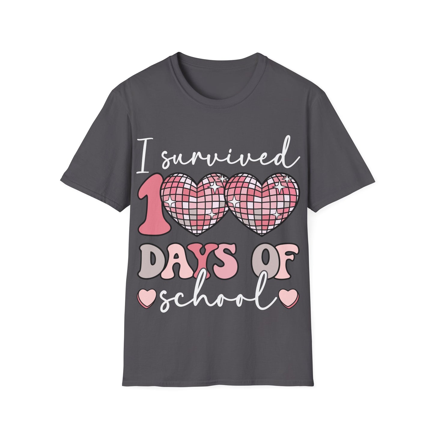 I Survived 100 Days of School Shirt | Funny Retro Disco Heart Black Tee | Groovy Teacher Student Humor Gift