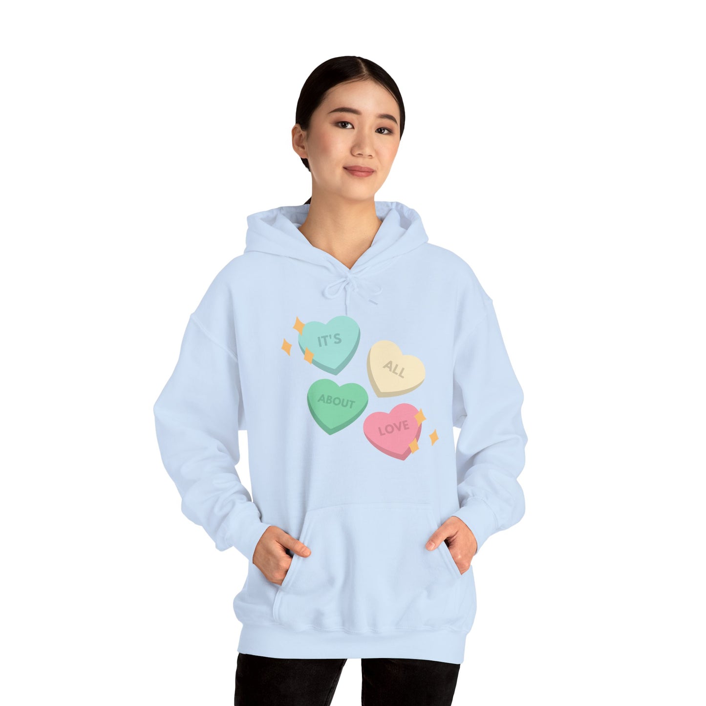 It's All About Love" Pastel Heart Hoodie | Retro Candy Style Sweatshirt | Aesthetic Love Graphic Pullover  Description: