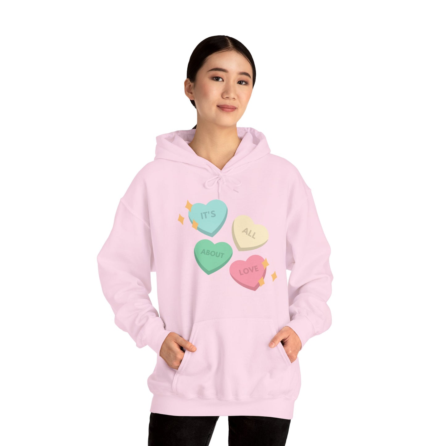 It's All About Love" Pastel Heart Hoodie | Retro Candy Style Sweatshirt | Aesthetic Love Graphic Pullover  Description: