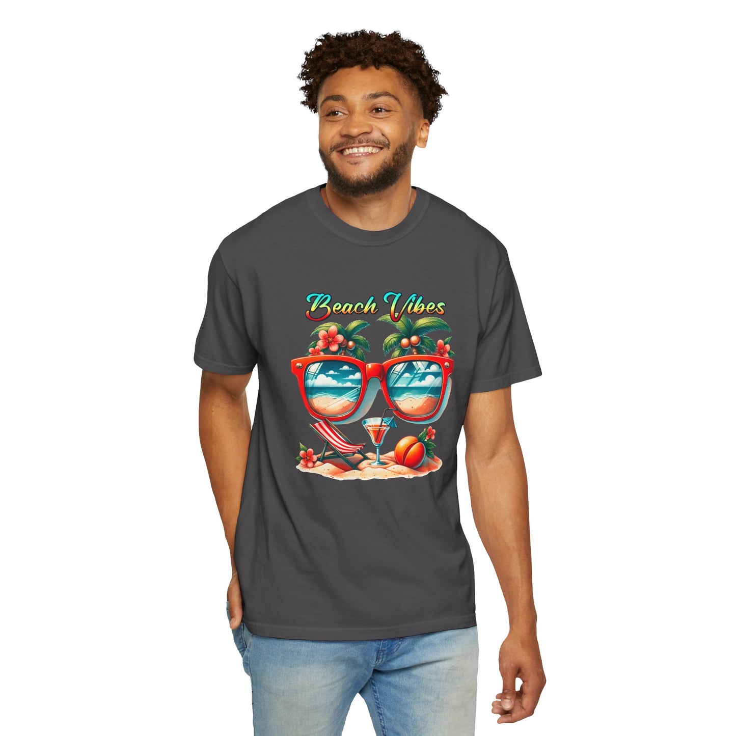 Beach Vibes Graphic Tee – Retro Sunglasses, Palm Trees & Sunset Summer Shirt