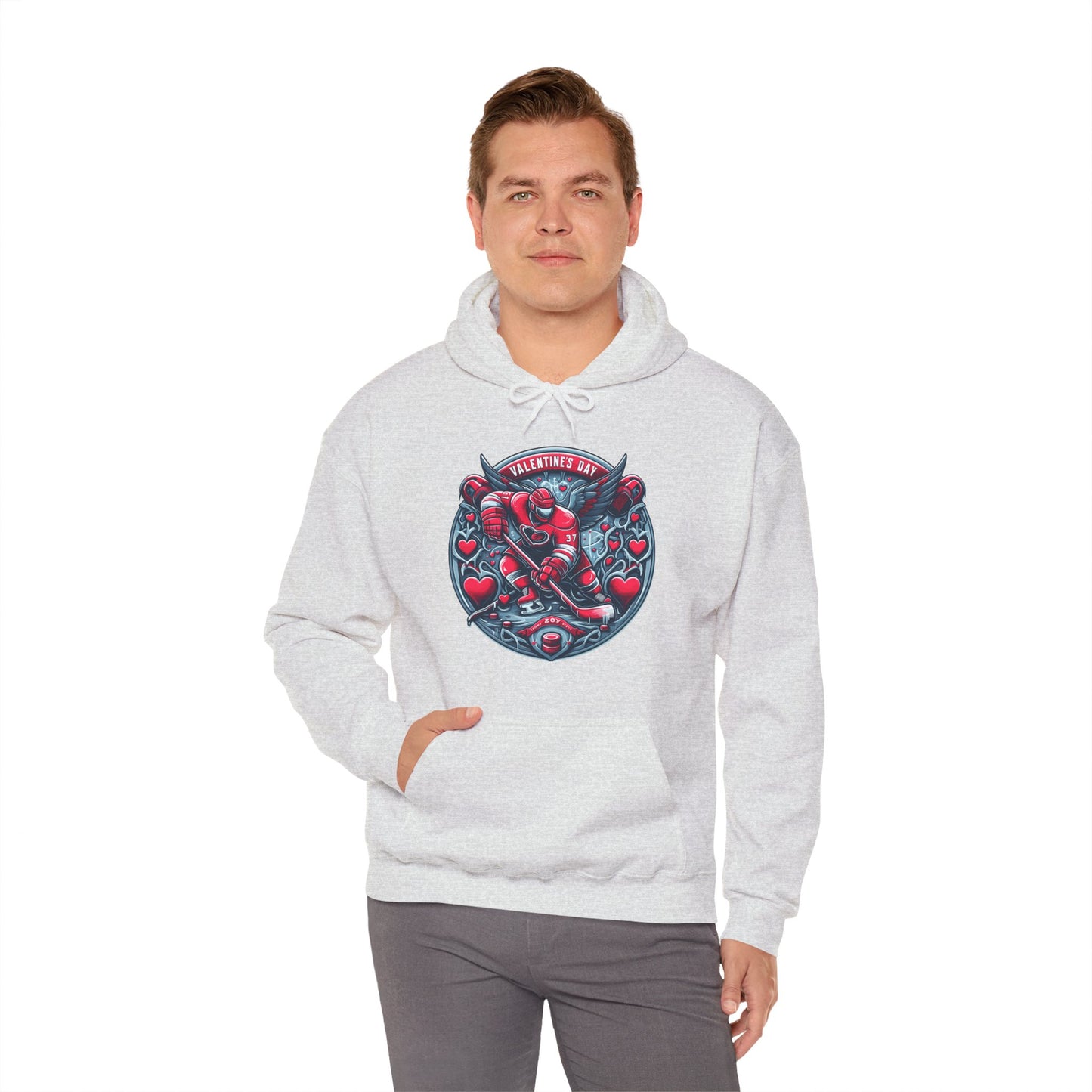 Valentines Day Hockey Hoodie, Romantic Sports Gift, Unisex Heart Hockey Graphic Pullover, Casual Comfortable Sporty Apparel