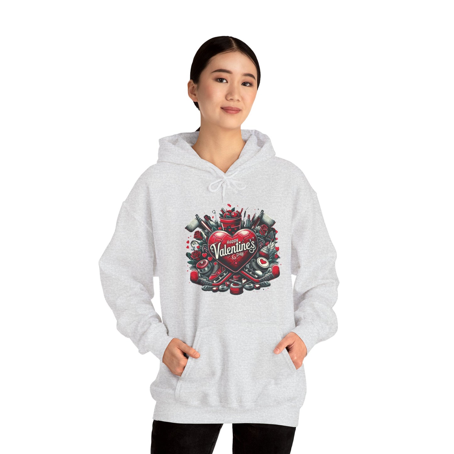 Valentine's Day Heart and Roses Hoodie, Romantic Couple Skatewear, Love ice hockey Themed Sweatshirt