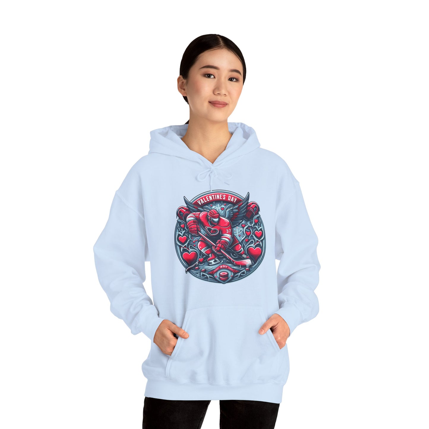 Valentines Day Hockey Hoodie, Romantic Sports Gift, Unisex Heart Hockey Graphic Pullover, Casual Comfortable Sporty Apparel